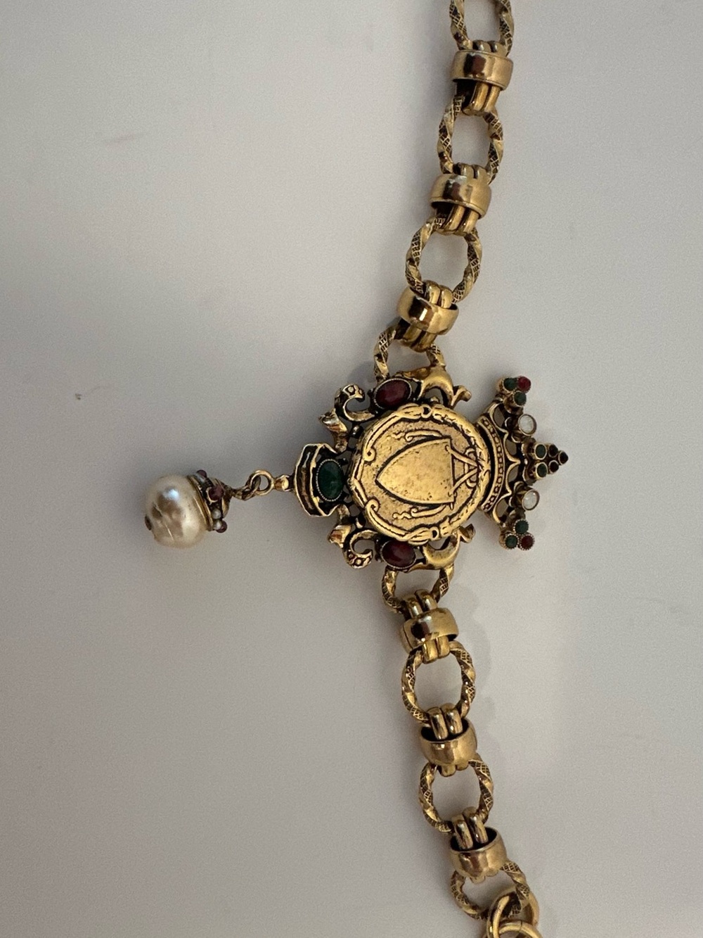 Gold-Tone Crest Bracelet with Red, Green & Pearl Drop - Picture 3 of 12